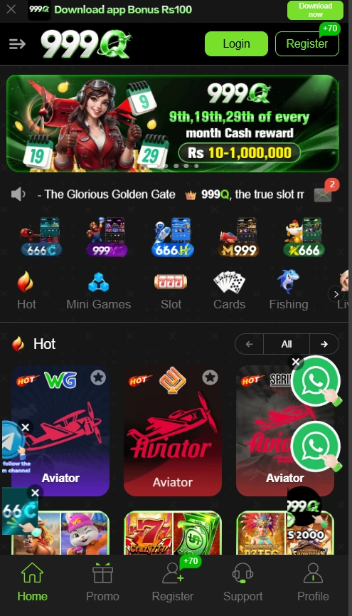 999Q Game lobby page with home interface