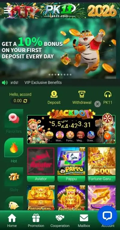 PK11 Game lobby with a grid of slot game tiles