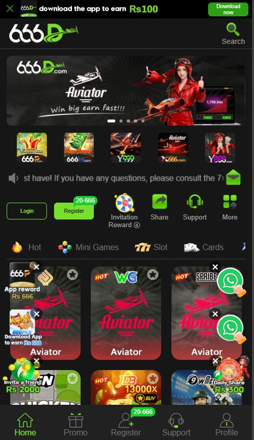 666D home screen with slot games 