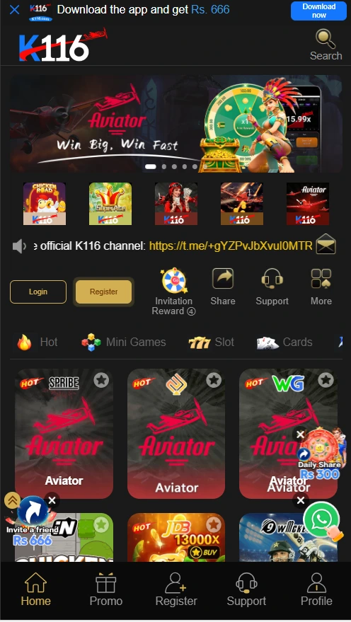 K116 Home Screen with slot games