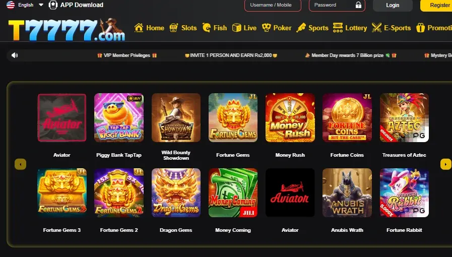 T7777 game lobby with a grid of slot game tiles